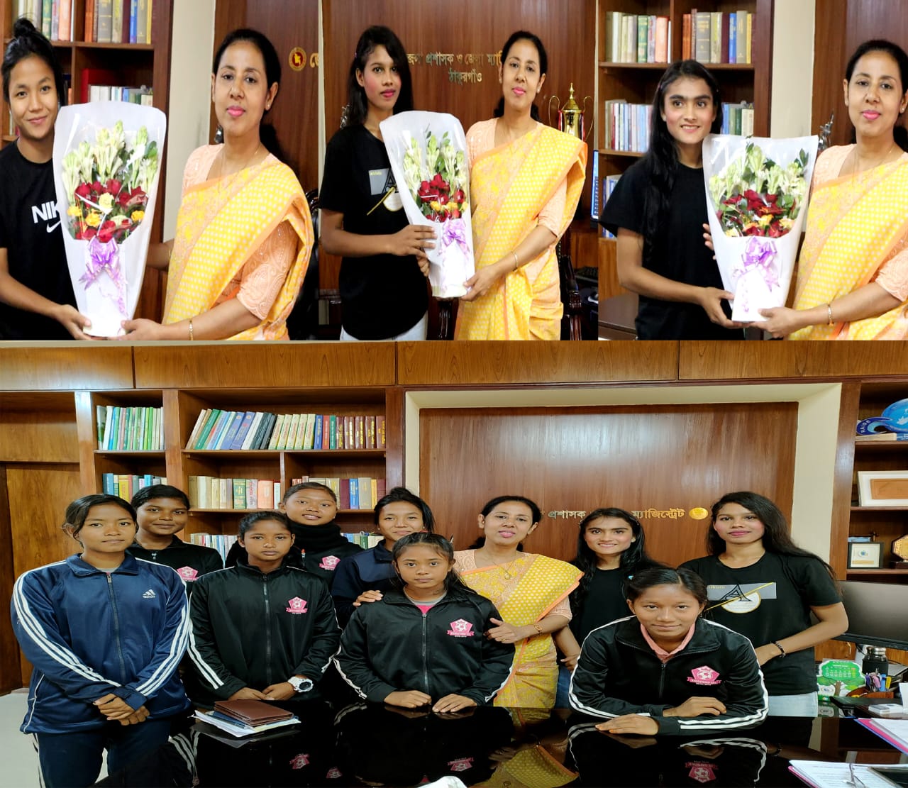 ঠাকুরগাঁওয়ে সাফ চ্যাম্পিয়ান নারী ফুটবলারদের ফুলেল শুভেচ্ছা