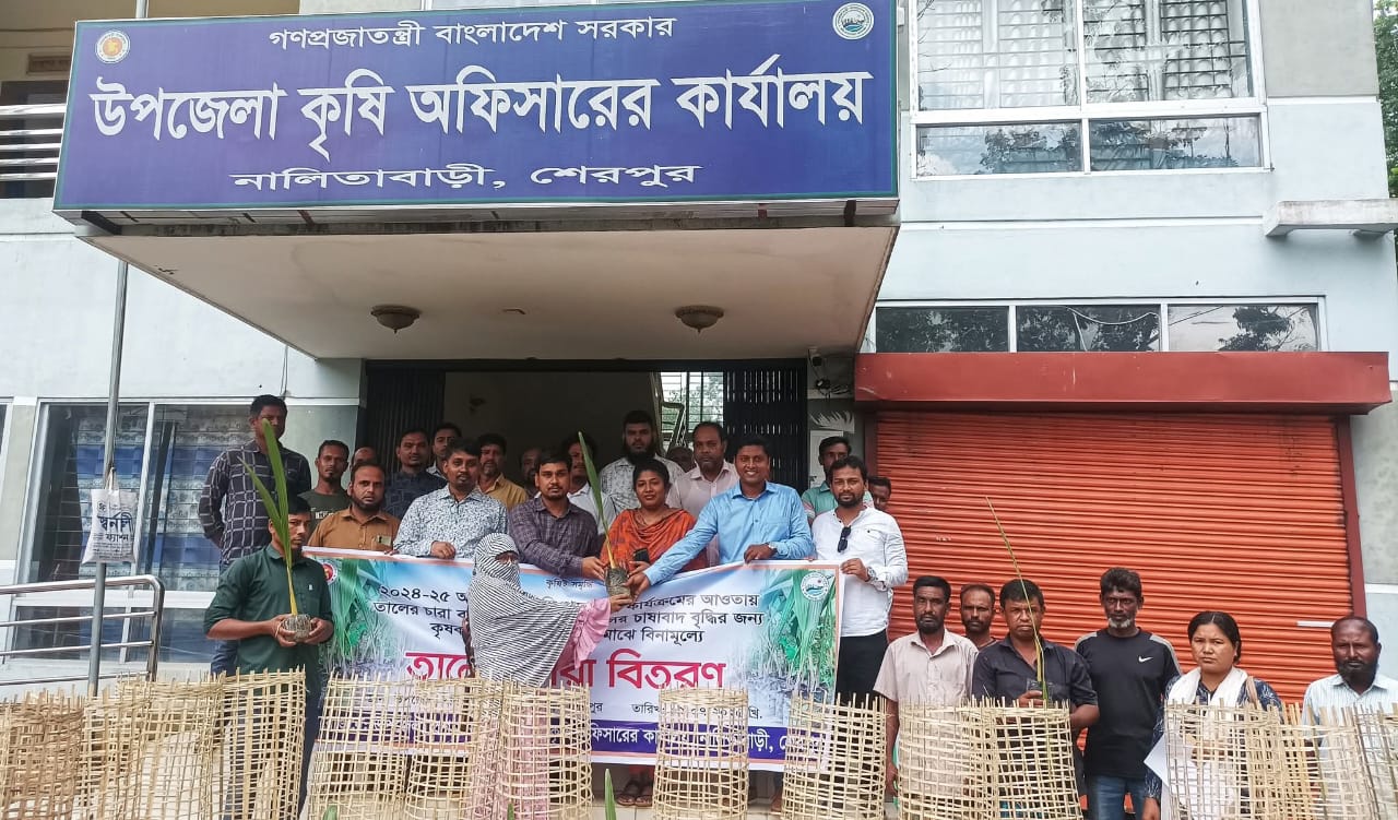 নালিতাবাড়ীতে তালের চারা ও বেড়া বিতরণ