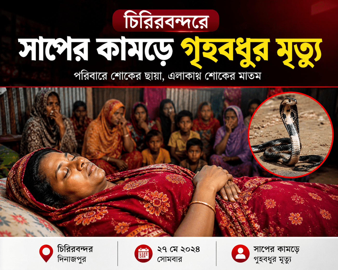চিরিরবন্দরে সাপের কামড়ে গৃহবধূর মৃত্যু